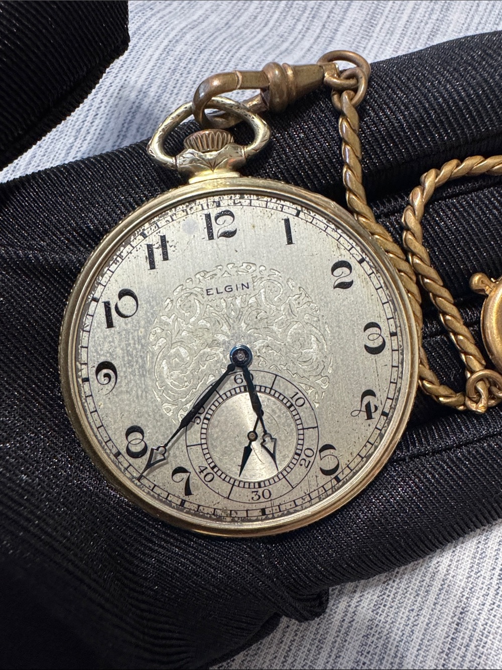 Working Elgin Vintage 1924 Gold-filled 14K Art Deco Pocket Watch with Chain